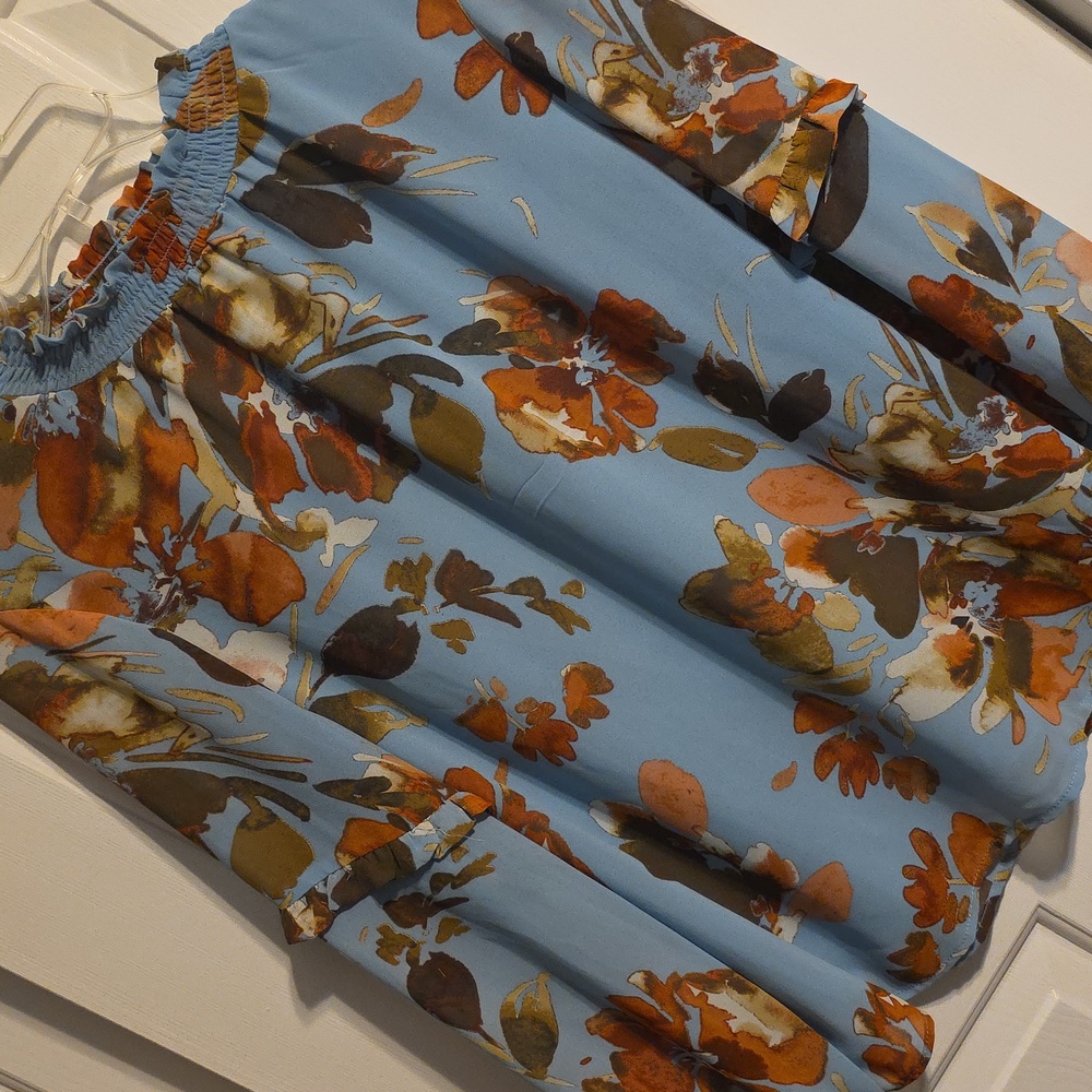 Zac & Rachel Light Blue Floral Off-Shoulder Blouse with Rust and Olive Prints